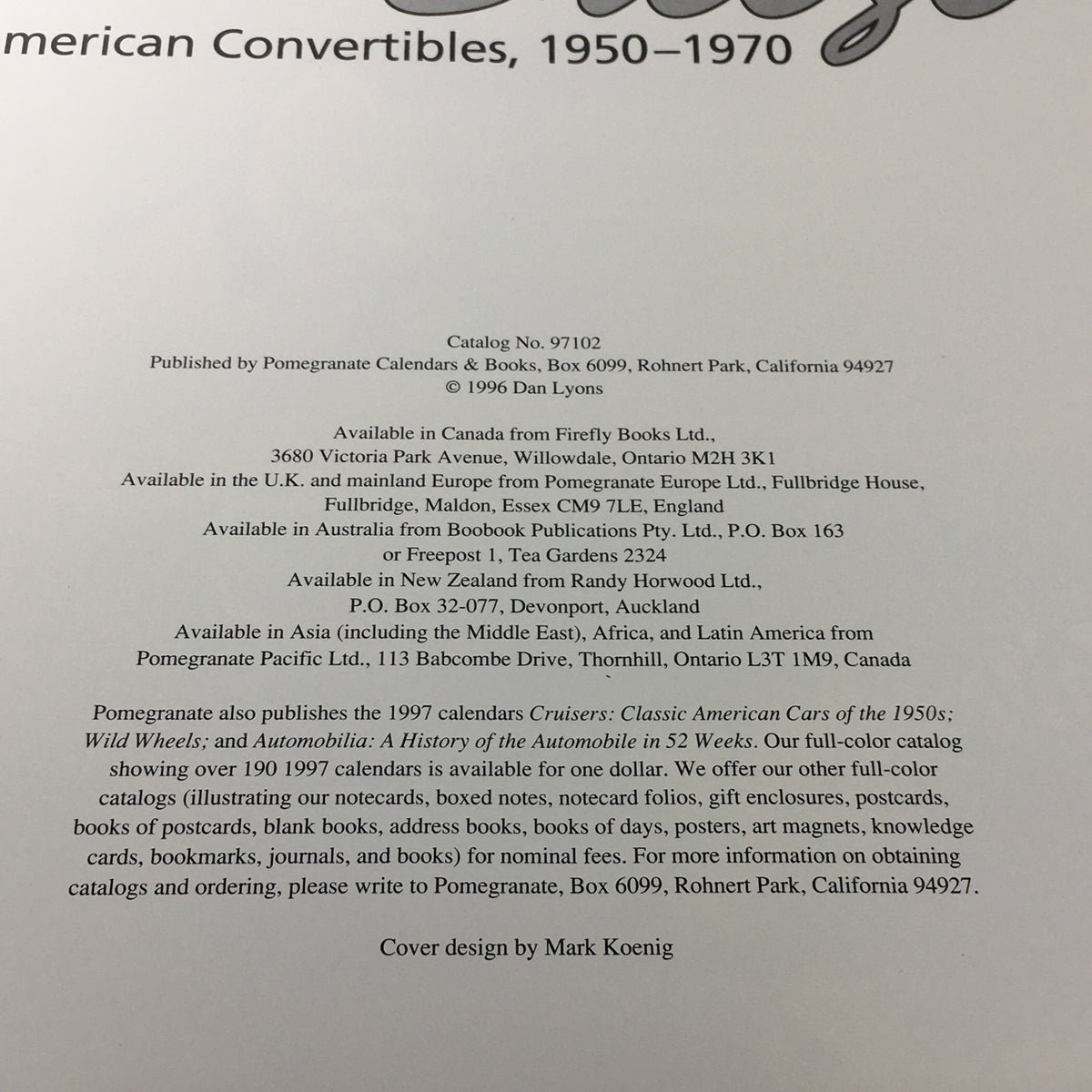Inside page of the VTG 1997 Cool Breeze Classic American Convertibles Calendar showcasing catalog details and publication information.