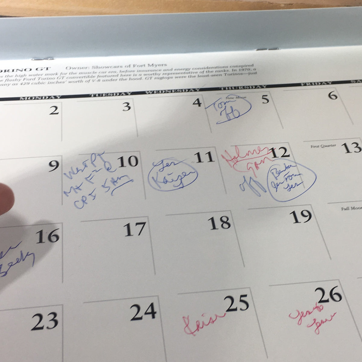 Internal page of VTG 1997 Cool Breeze Classic American Convertibles Calendar showing handwritten notes on 1960s car events.