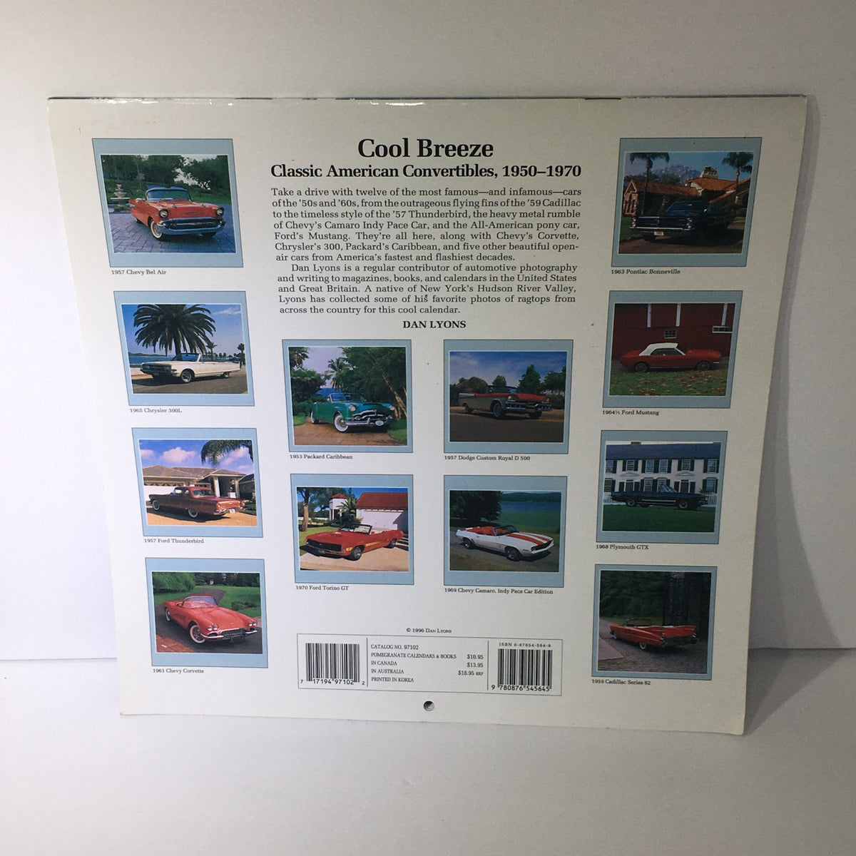 Back cover of VTG 1997 Cool Breeze Classic American Convertibles Calendar featuring a collage of classic convertible car artwork by Dan Lyons.