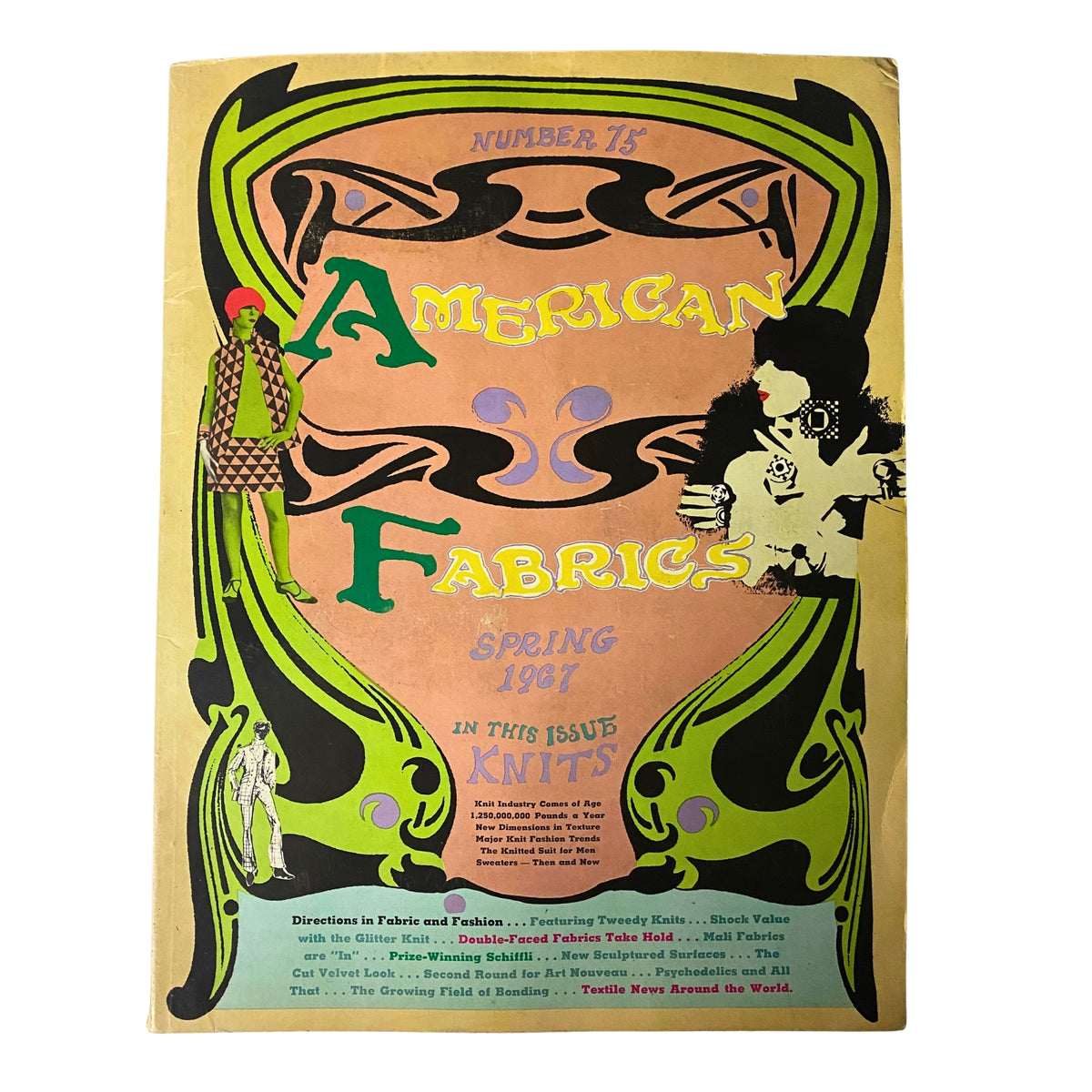 Cover of the 1967 American Fabric No. 75 Spring Catalog showcasing vibrant colors and fashion illustrations, highlighting textile trends and innovations in knit fabrics.