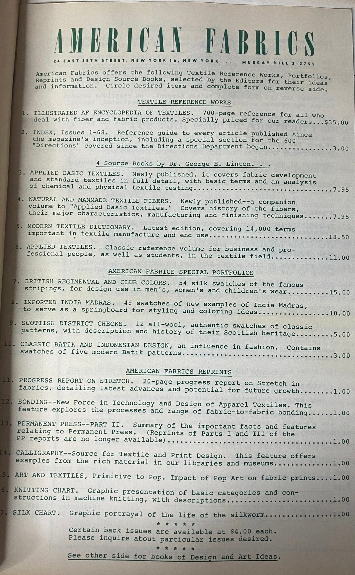 Interior page of the 1967 American Fabric No. 75 Spring Catalog listing textile reference works and special portfolios, showcasing the resources available in textile education.