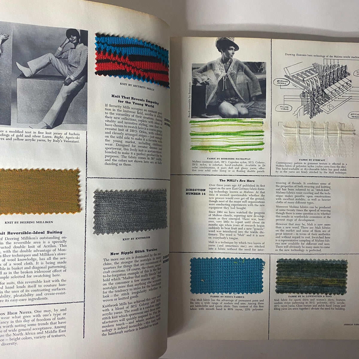 Interior view of the 1967 American Fabric No. 75 Spring Catalog showcasing various textile swatches, patterns, and fabric innovation, highlighting mid-century fashion design.