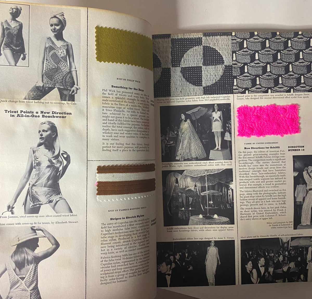 Page layout from the 1967 American Fabric No. 75 Spring Catalog displaying textile designs and swatches, including insights on new fashion trends and fabric structure.