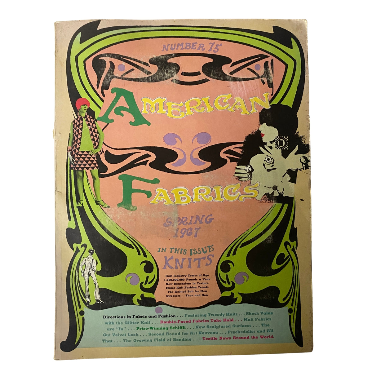 1967 American Fabrics Spring Catalog cover showcasing vibrant psychedelic designs, featuring illustrations of fashion models and bold typography.