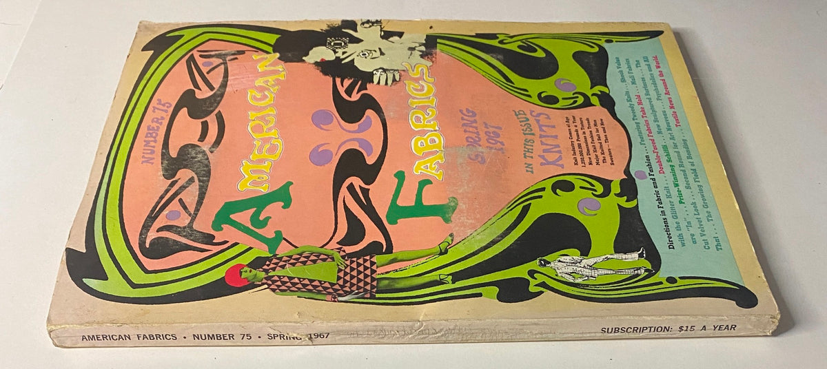 1967 American Fabrics Spring Catalog spine view highlighting colorful cover artwork and subscription details for the vintage magazine.