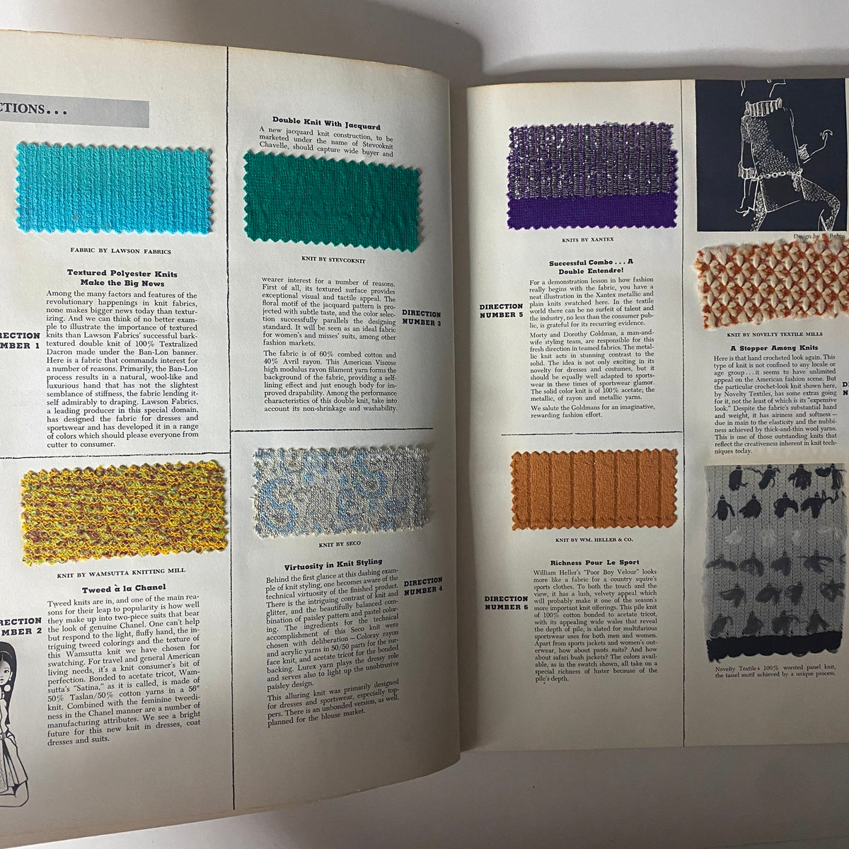 Interior page from the 1967 American Fabrics Spring Catalog displaying various fabric samples and descriptions of innovative textile designs.