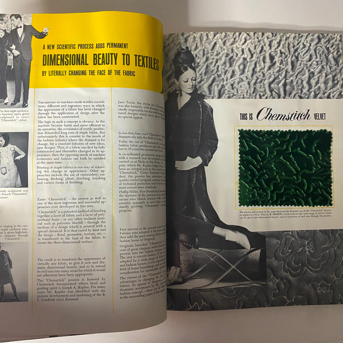 Highlighted article about Chemstitch Velvet in the 1967 American Fabrics Spring Catalog, discussing advancements in textile production and design.