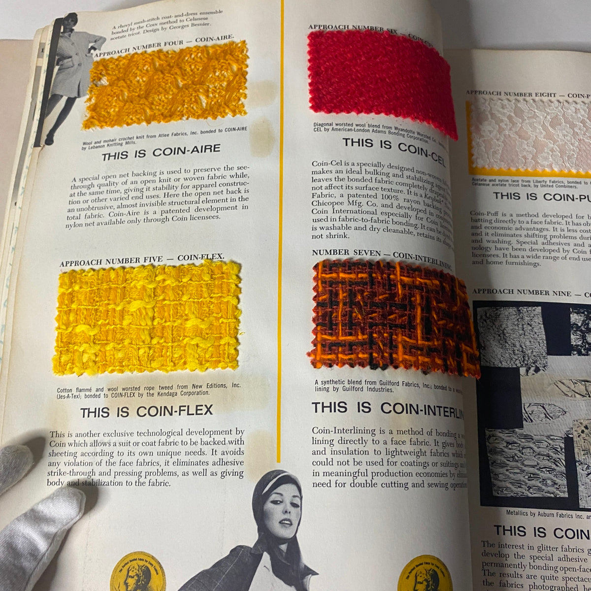 1967 American Fabrics Spring Catalog showcasing fabric samples with vibrant textures and colors, including examples labeled 'Coin-Aire', 'Coin-Flex', and 'Coin-Interlining', highlighting innovative textile design from the 1960s.