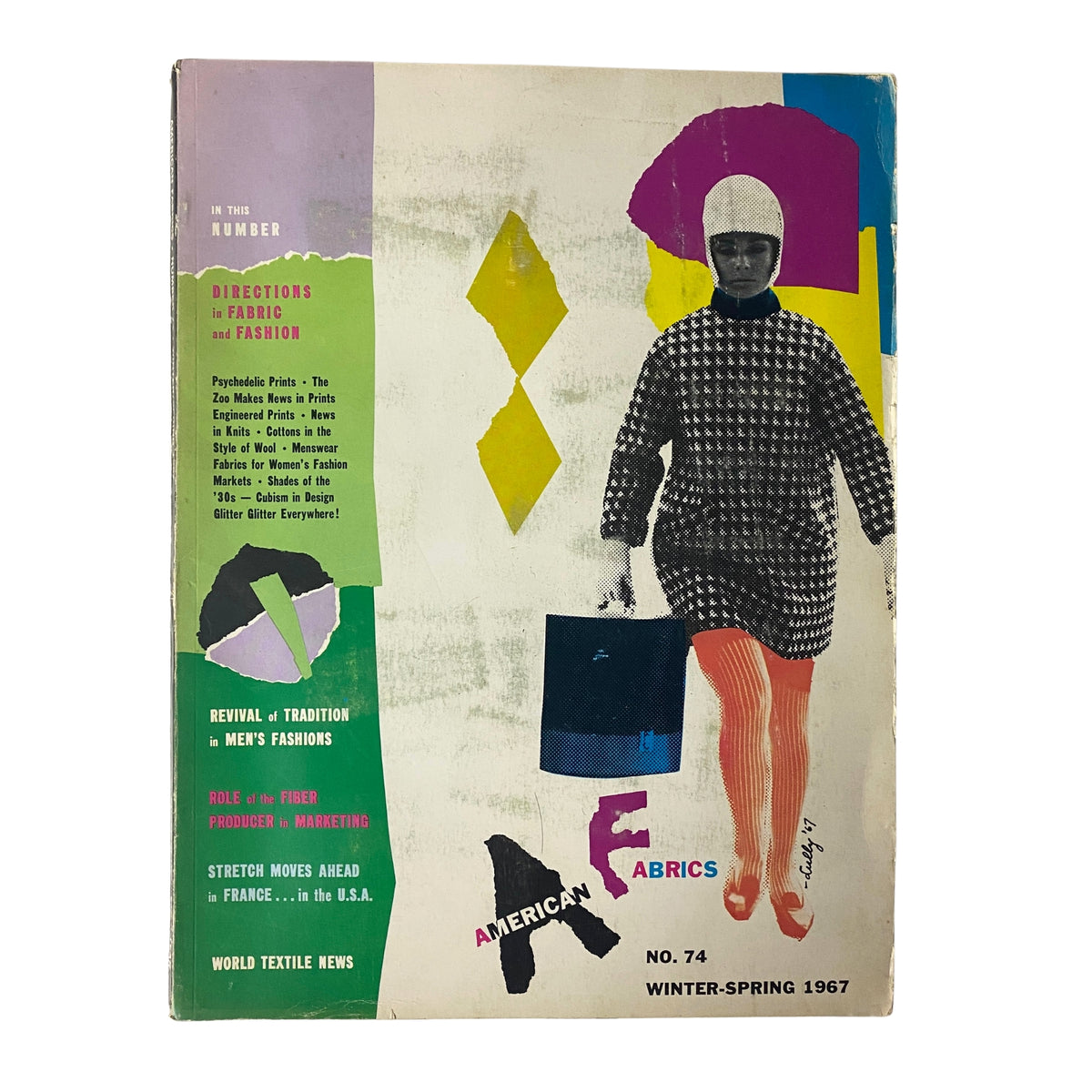 Cover of the 1967 American Fabrics No. 74 Winter-Spring Catalog showcasing vibrant colors, geometric patterns, and a stylish model in a unique outfit, highlighting fabric trends in the textile industry.
