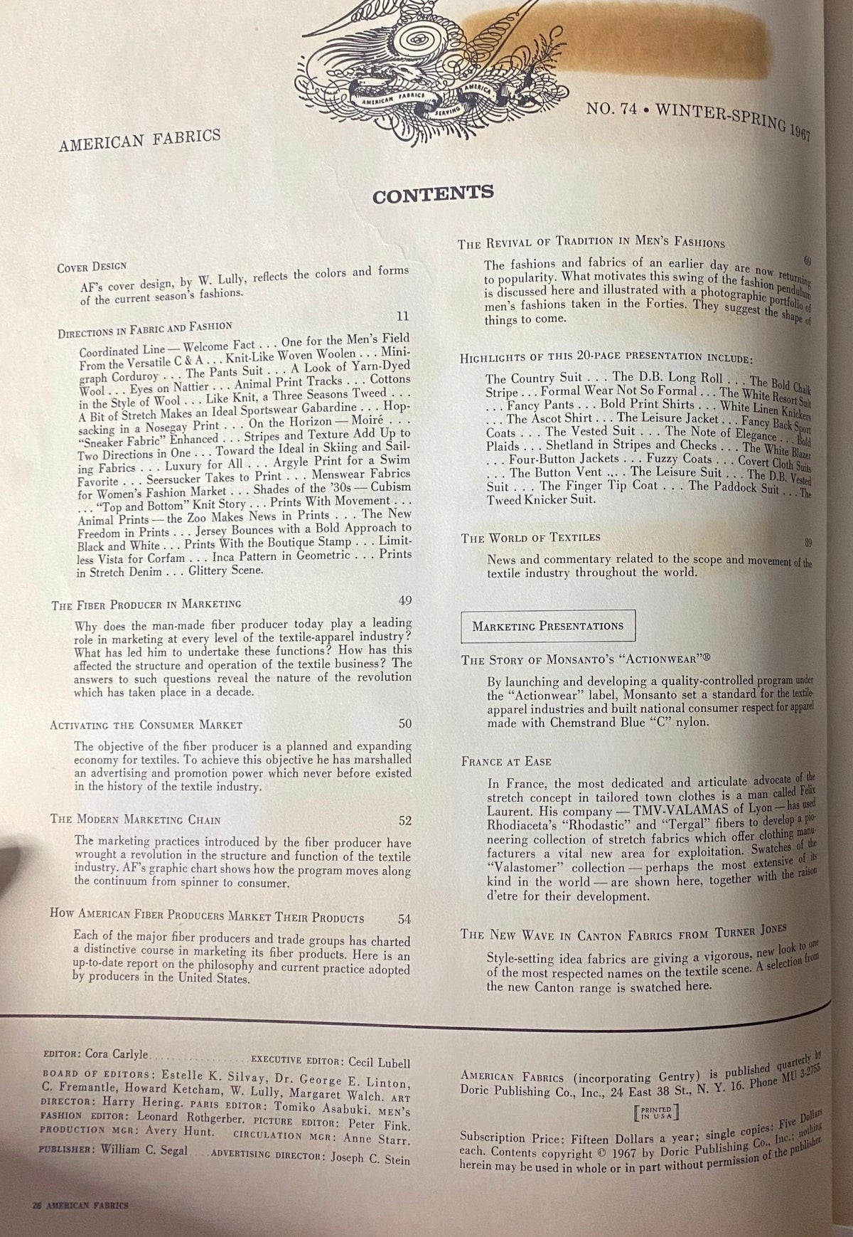 Contents page of the 1967 American Fabrics No. 74 Winter-Spring Catalog detailing sections on modern marketing strategies, fabric innovations, and fashion trends, reflecting the dynamic world of textiles.