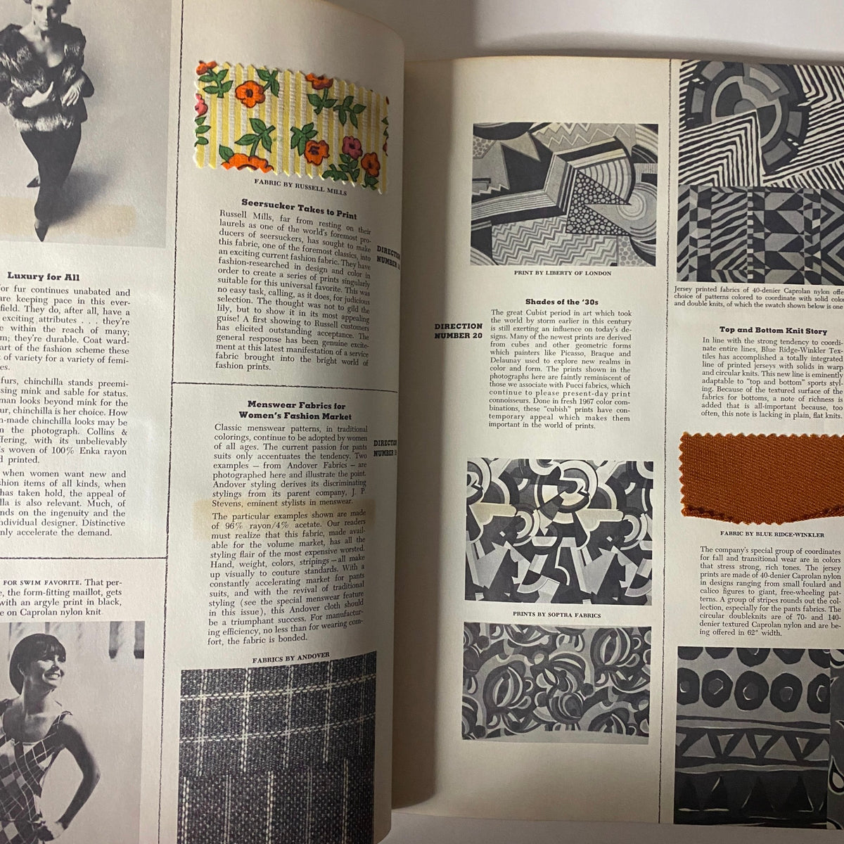 1967 American Fabrics No. 74 Winter-Spring Catalog showcasing textile samples, including floral and geometric patterns reflecting mid-century fashion trends.