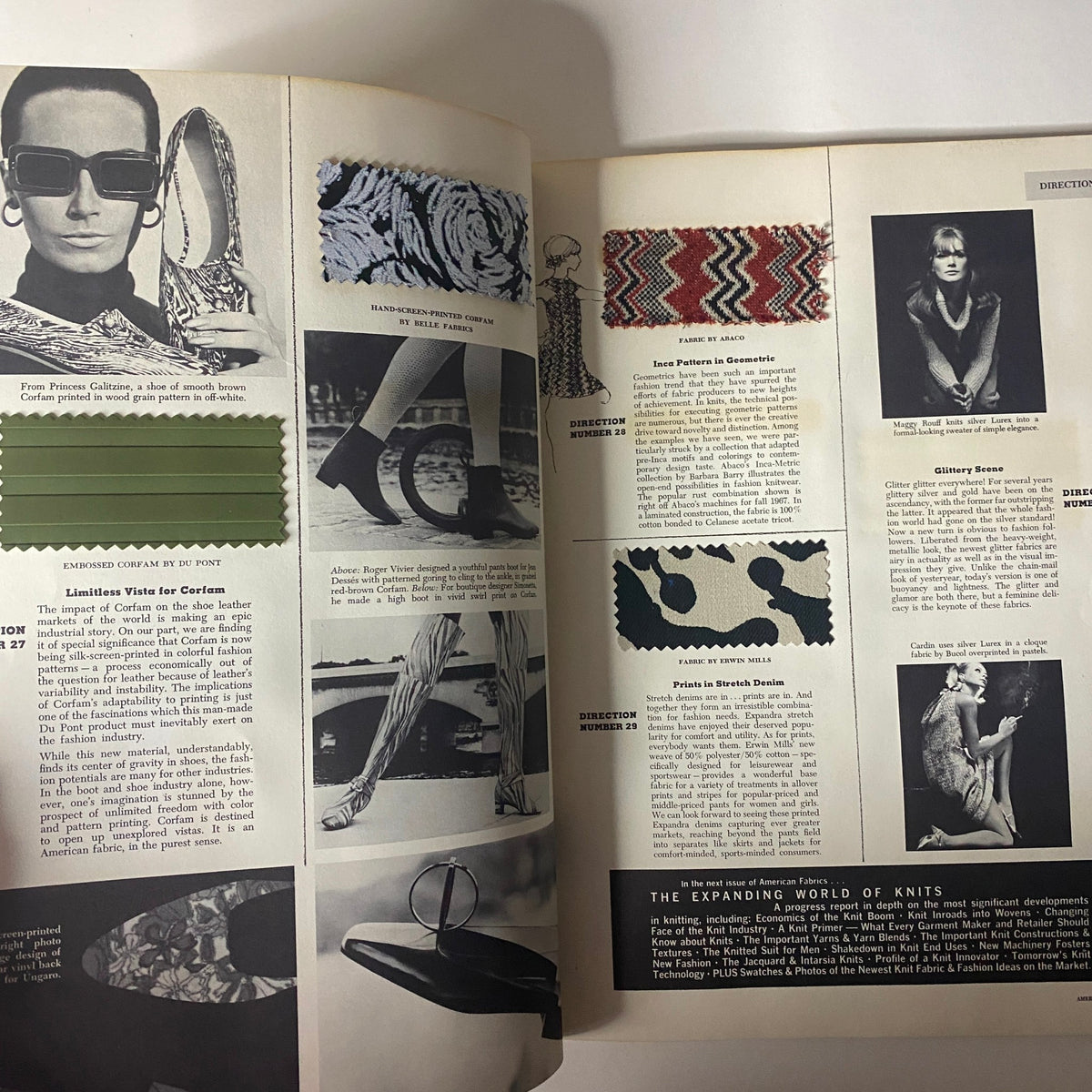 1967 American Fabrics No. 74 Winter-Spring Catalog featuring various textile samples, including hand-screen-printed fabrics and stylish modeling visuals from the era.