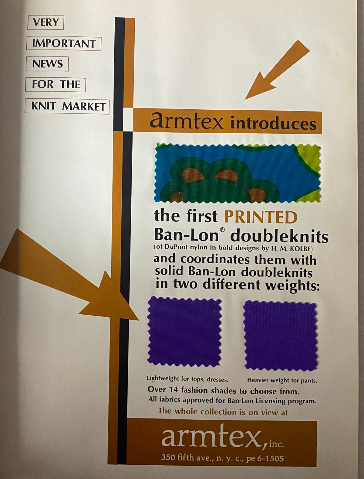 1967 American Fabrics No. 74 Winter-Spring Catalog advertisement introducing printed Ban-Lon doubleknits, highlighting advancements in fabric technology for knitwear.