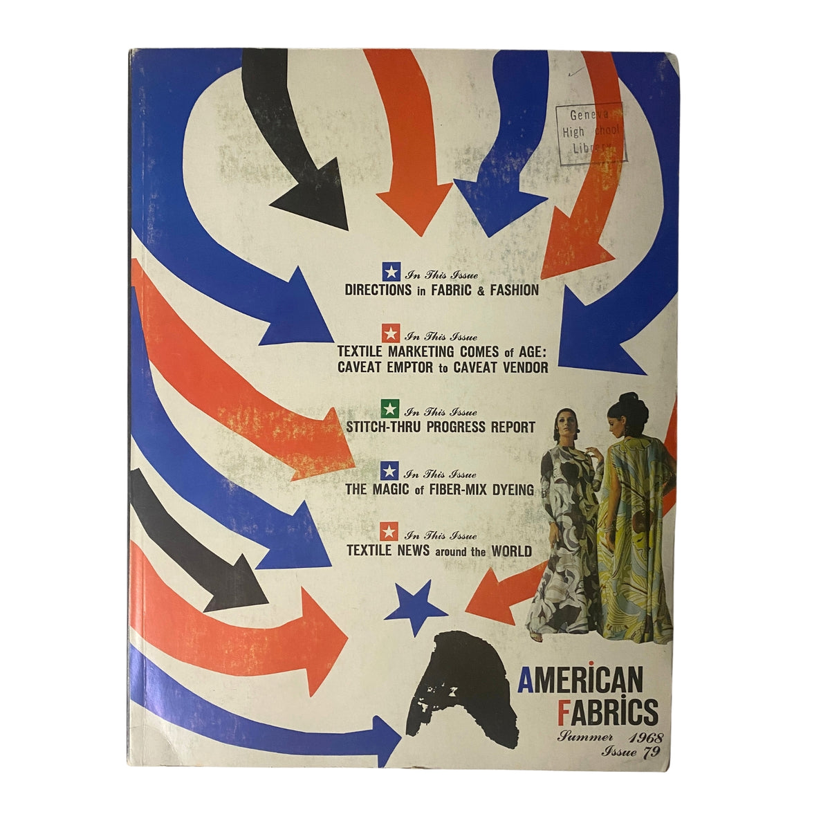 Cover of the 1968 American Fabrics No. 79 Summer Catalog featuring bold arrows, vibrant colors, and fashion-forward graphics, showcasing directions in fabric and fashion.