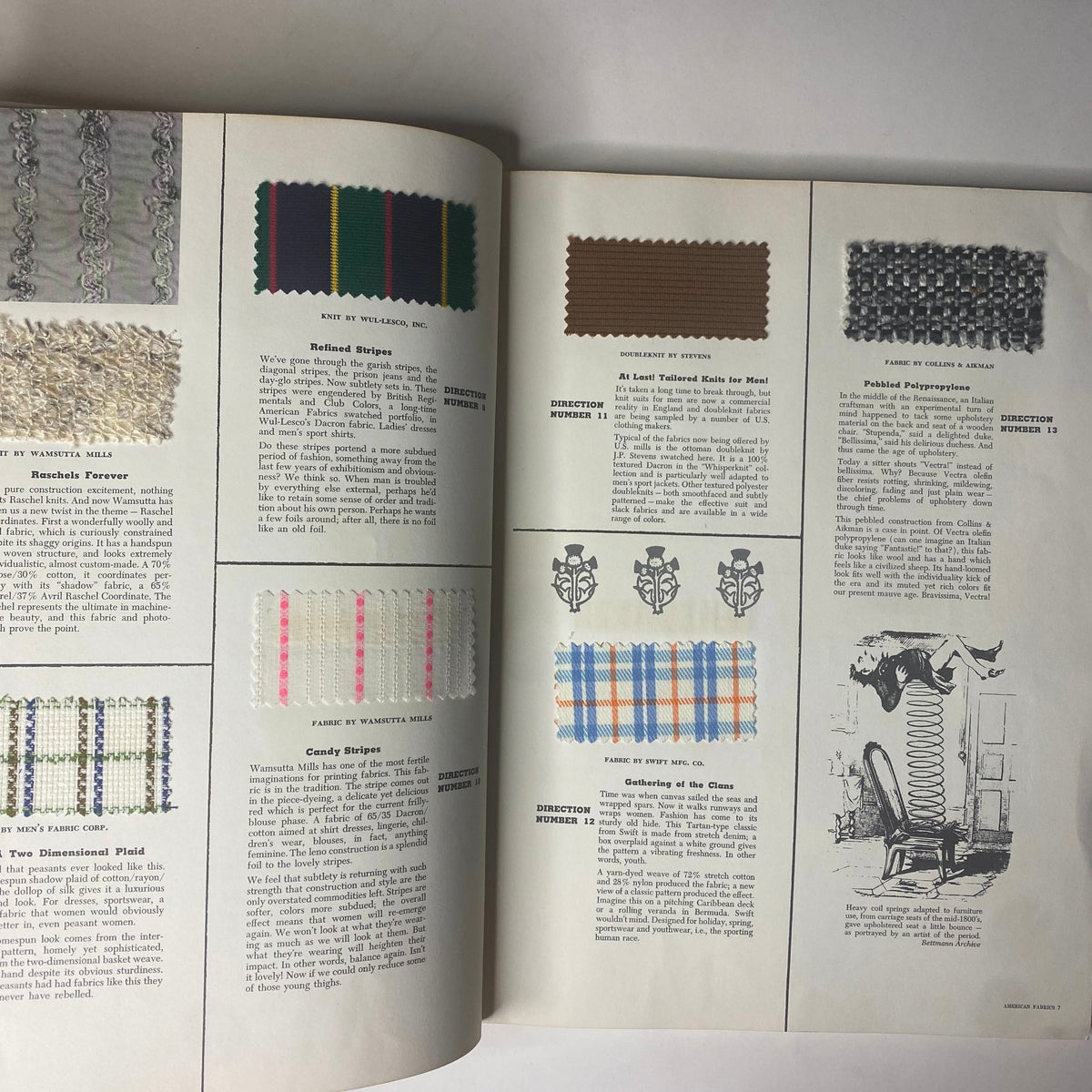 Another interior page of the 1968 American Fabrics No. 79 Summer Catalog showcasing diverse fabric samples, including stripes and textured knits, relevant for mid-century fashion design.