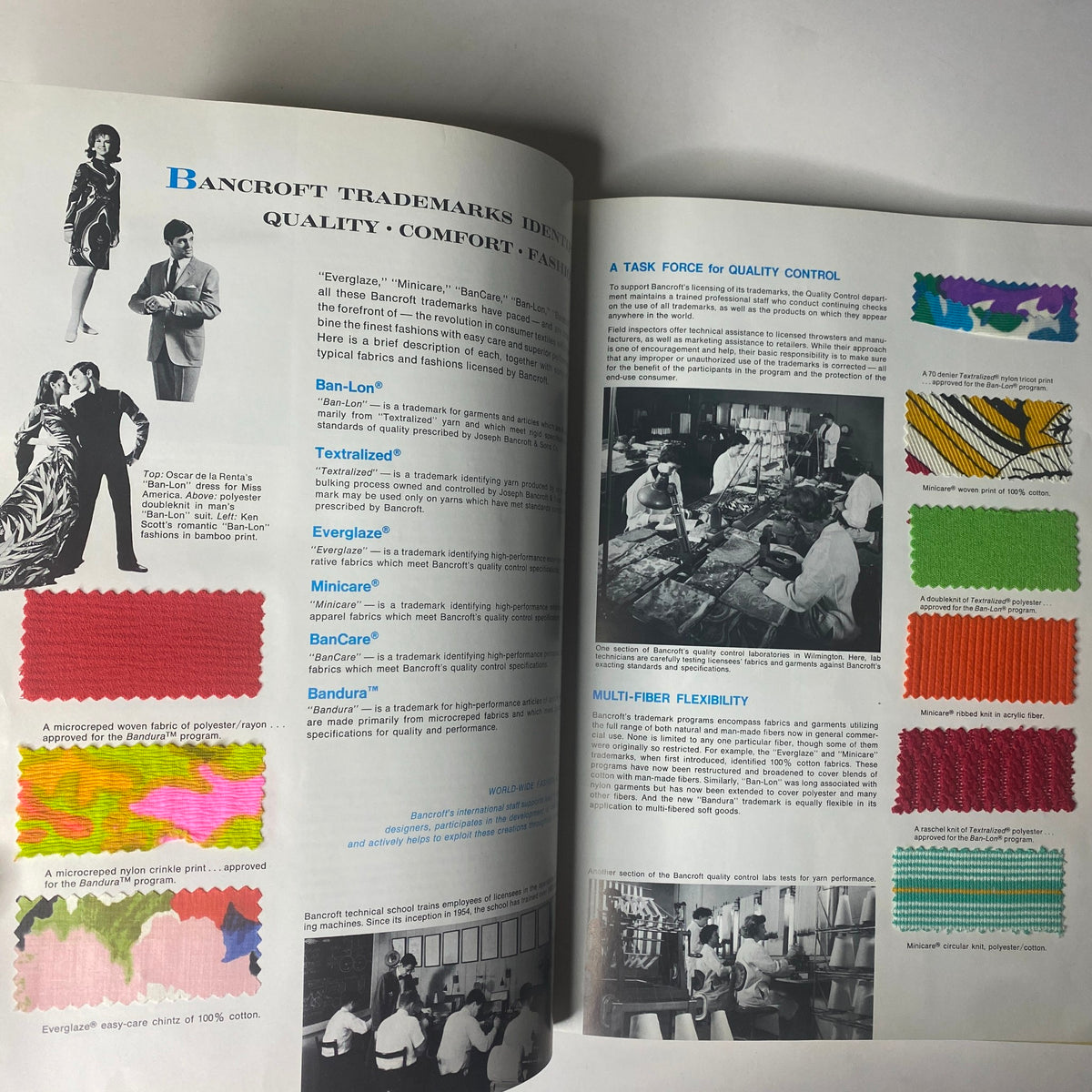 A detailed view of the 1968 American Fabrics No. 79 Summer Catalog featuring textile innovations, colorful fabric samples, and print patterns notable in the summer of '68.