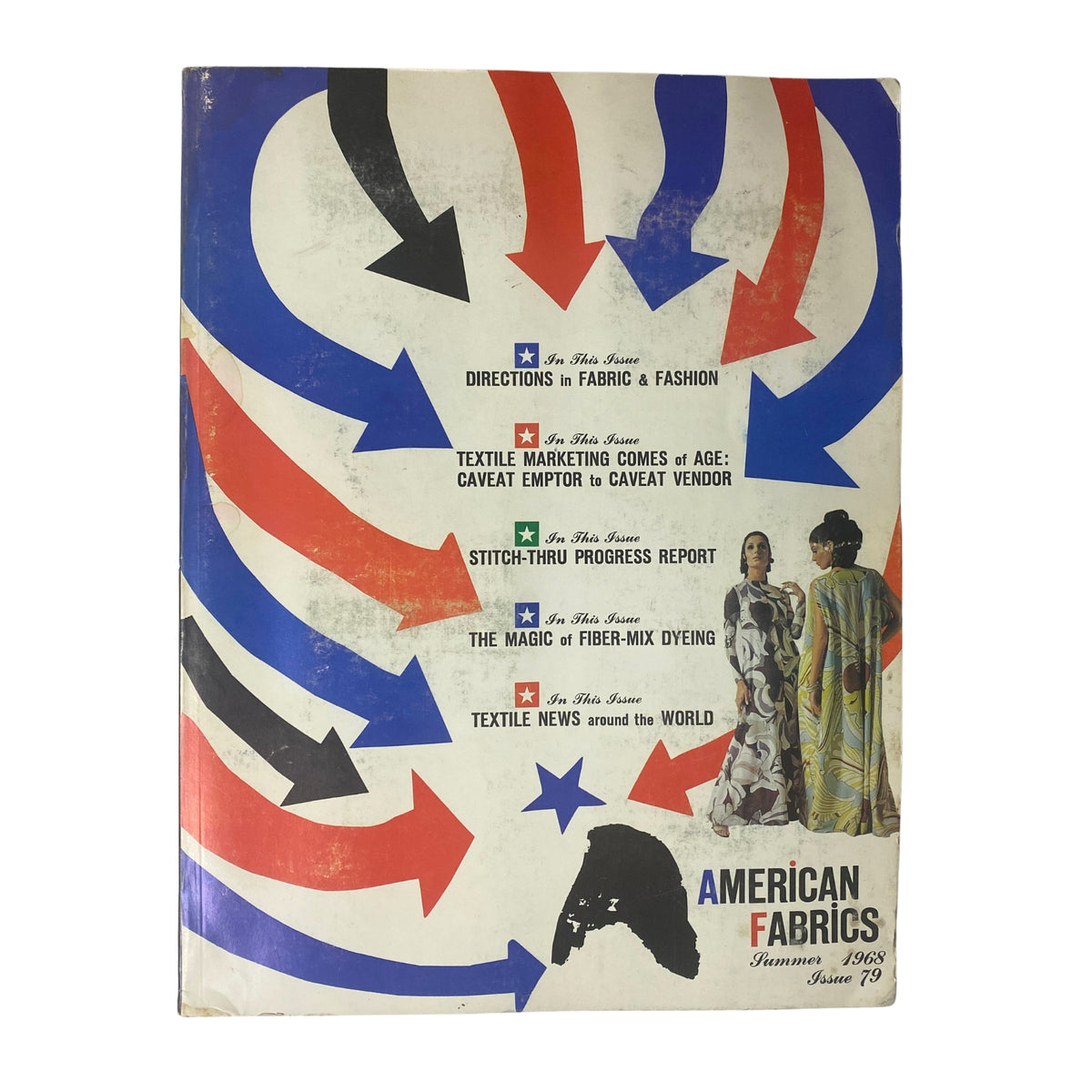 Cover of the 1968 American Fabrics Summer Catalog featuring bold directional arrows in red, blue, and black, along with fashion images and text about fabric innovations.