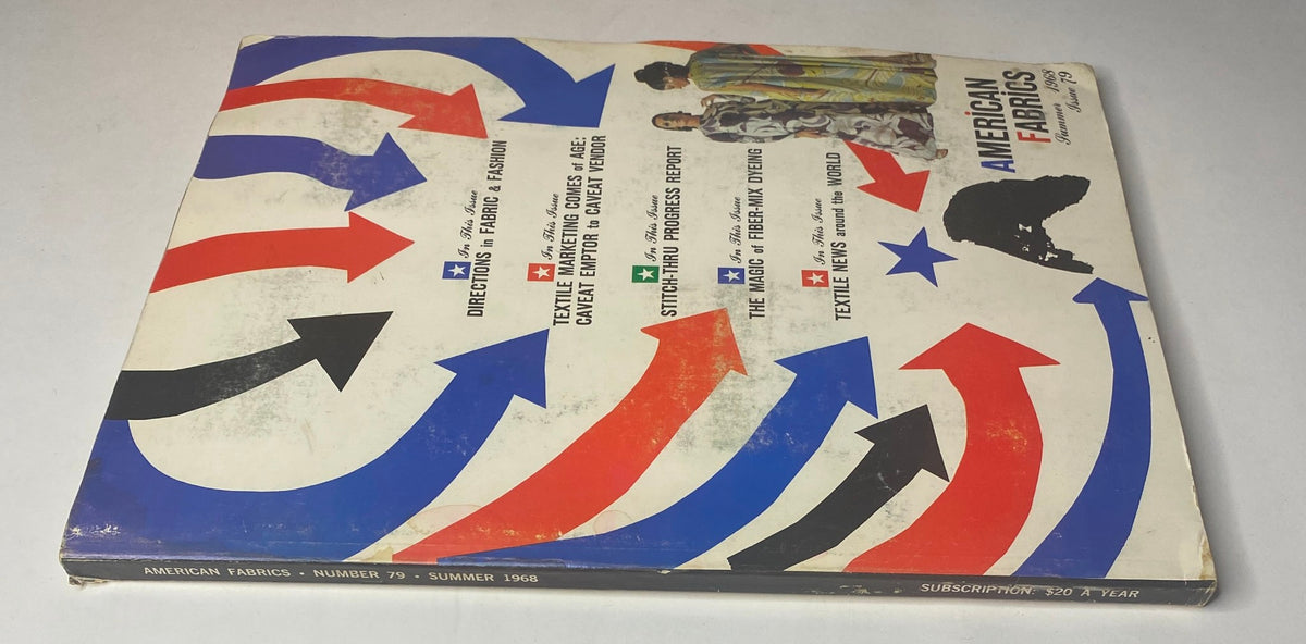 Back cover of the 1968 American Fabrics Summer Catalog showcasing a similar design to the front with directional arrows in red, blue, and black, highlighting textile topics and fashion insights.