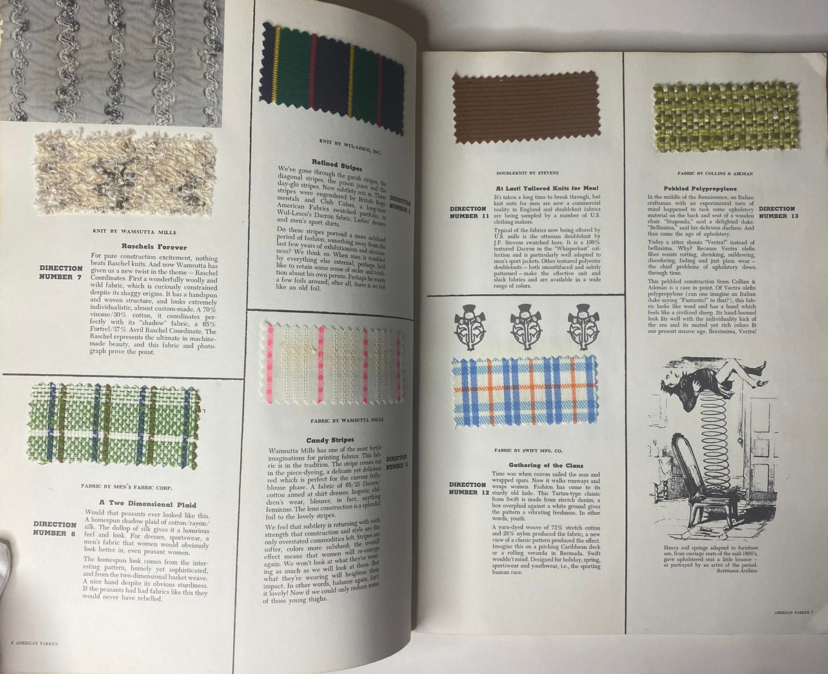 Interior page of the 1968 American Fabrics Summer Catalog displaying textile samples and descriptions for various fabrics like Raschels Forever and A Two Dimensional Plaid.