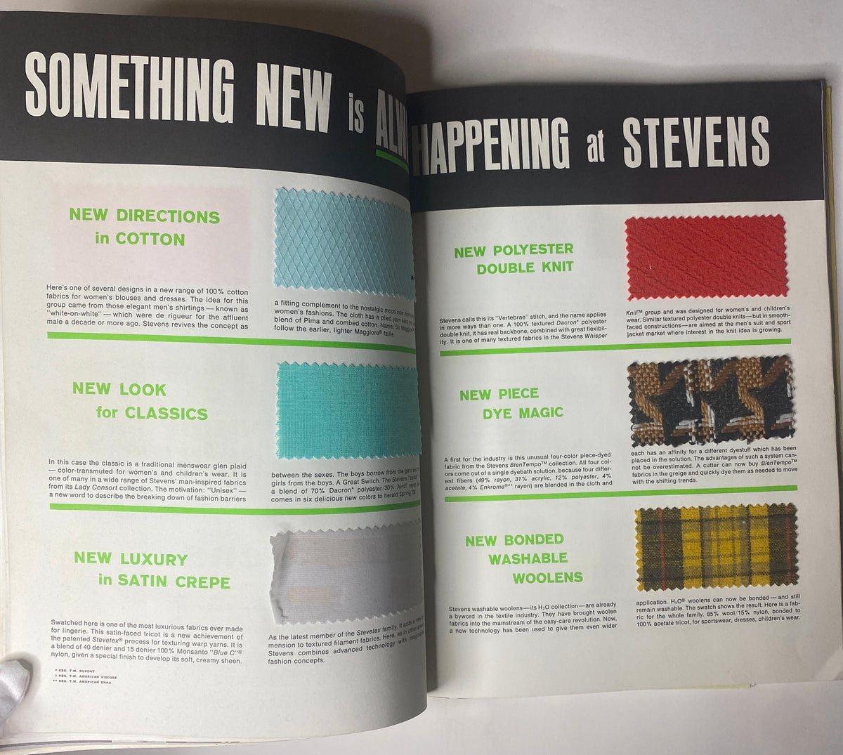 Another interior page of the 1968 American Fabrics Summer Catalog outlining new fabric innovations, including Polyester Double Knit and Bonded Washable Woolens, accompanied by fabric samples.