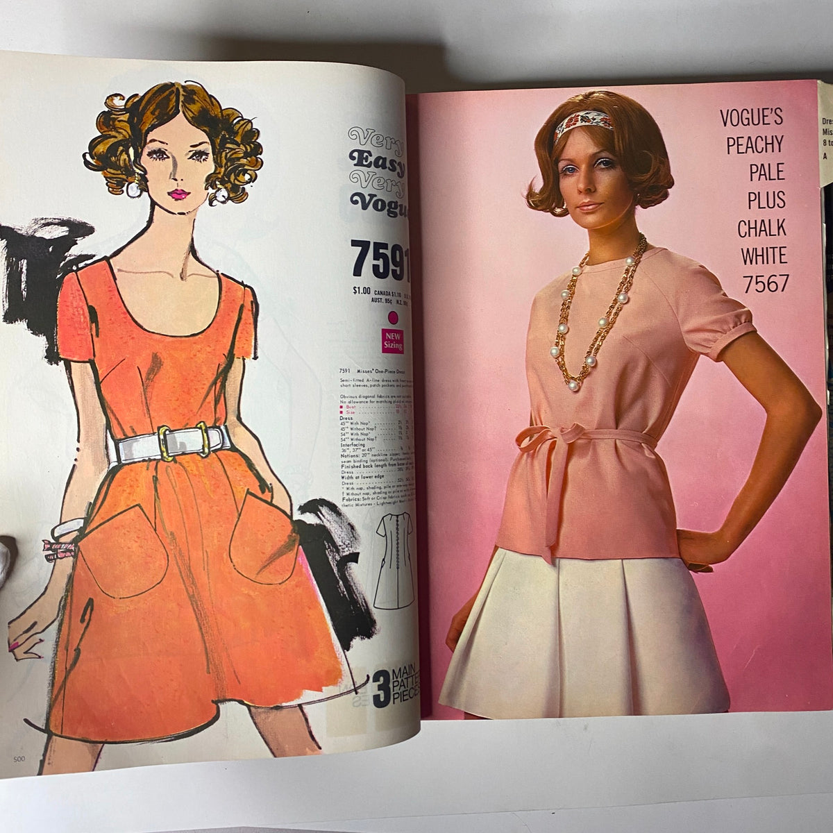 Inside pages of the 1969 Vogue Patterns July Catalog showcasing vibrant sketches and photos of garments, including a chic orange dress and a pastel top with a ribbon; a representation of popular styles of the late 60s.