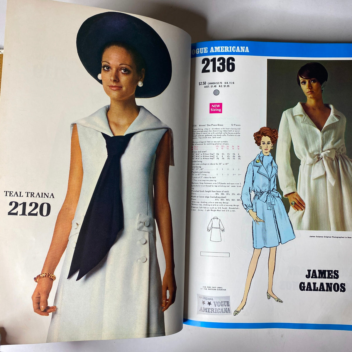 1969 Vogue Patterns July Catalog featuring model wearing Teal Traina design 2120, displaying a sleeveless dress with a large bow tie and a stylish hat.