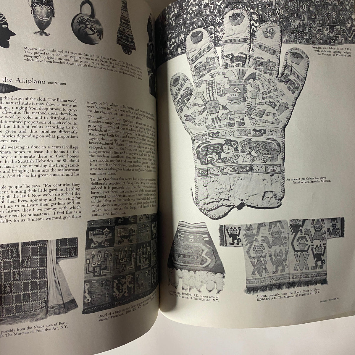 1961-1962 American Fabrics Winter Catalog showcasing ancient pre-Columbian textiles, including a glove and various woven patterns, highlighting early textile design techniques.