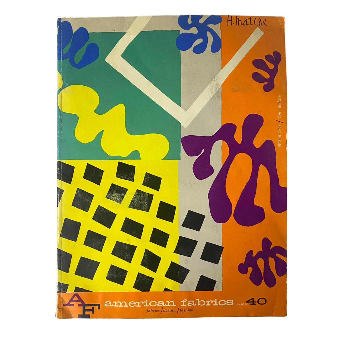 Cover of the 1957 American Fabrics Spring Catalog featuring colorful abstract designs and the distinctive illustration by Henri Matisse. This rare textile catalog showcases fashion design innovations from the late 1950s.