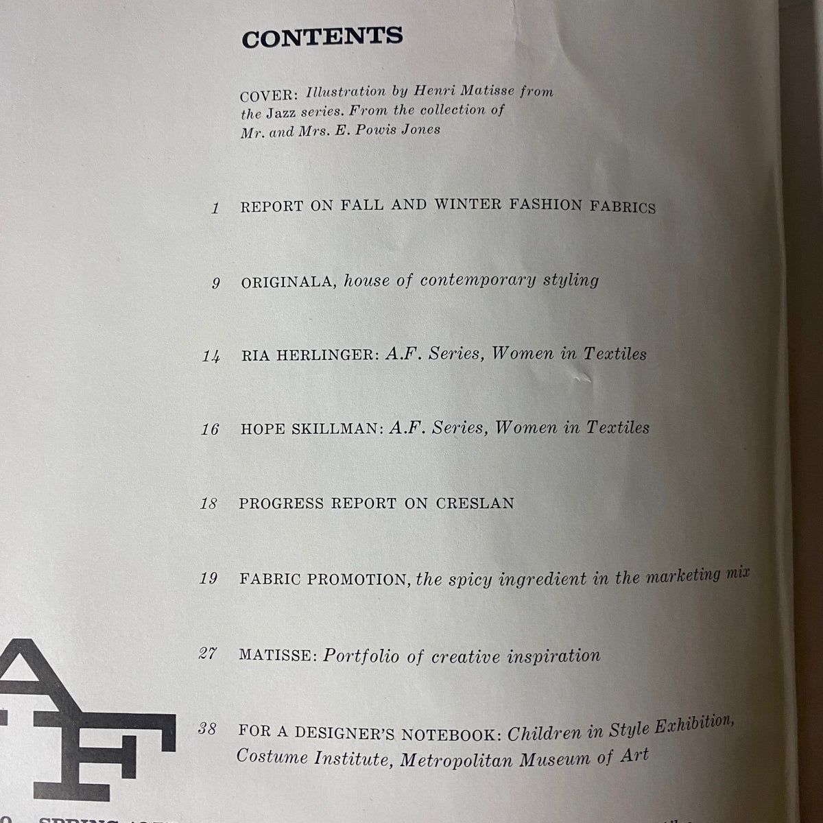 Preview of 1957 American Fabrics Spring Catalog showcasing contents and Henri Matisse's cover illustration from the Jazz series.
