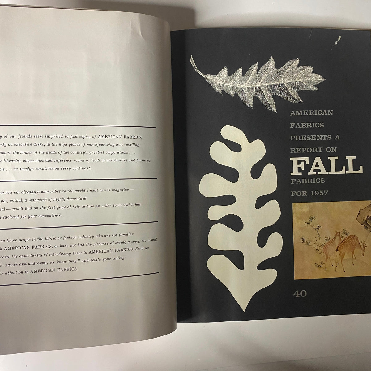 Contents page of the 1957 American Fabrics Spring Catalog highlighting reports on fall fabrics and fabric promotions.