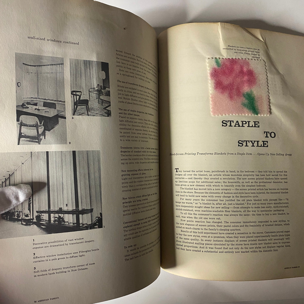 Page from the 1957 American Fabrics Spring Catalog illustrating fabric styles with a swatch sample and images of models.
