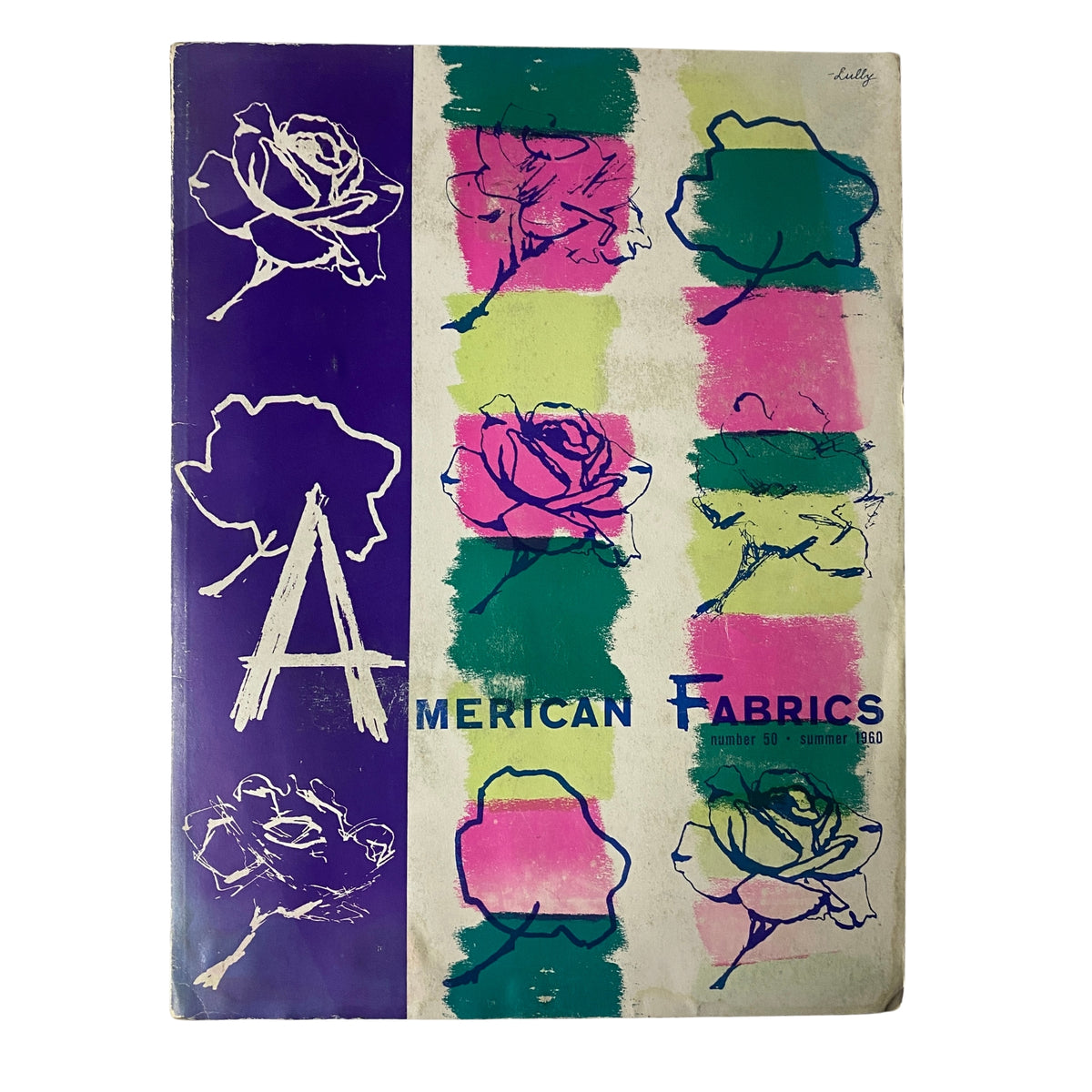 1960 American Fabrics No. 50 Summer Catalog cover showcasing vibrant floral graphics and bold colors, a classic representation of mid-century textile design.