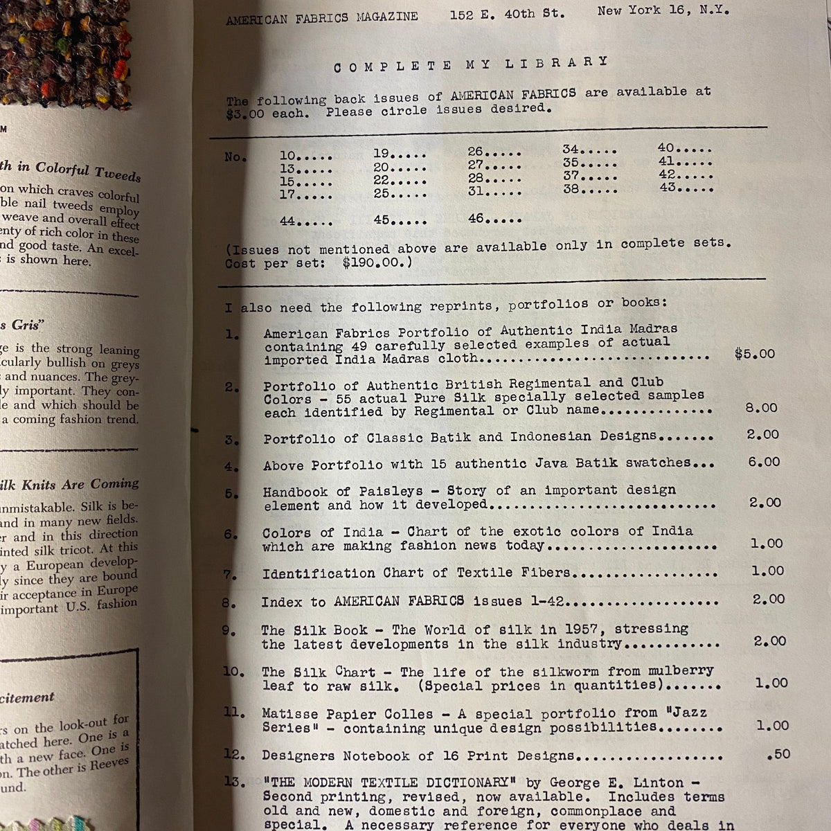 Inside view of the 1960 American Fabrics No. 50 Summer Catalog, featuring a list of fabric portfolios and educational resources related to textile design.