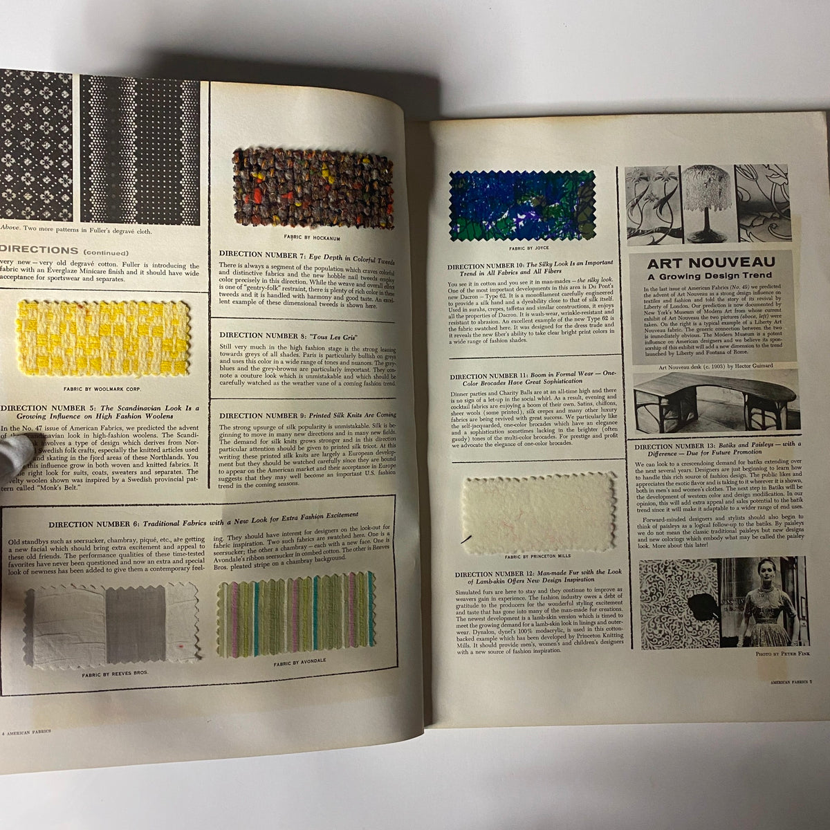 Interior pages of the 1960 American Fabrics No. 50 Summer Catalog showcasing diverse fabric swatches and design directions, highlighting textile art and mid-century fashion innovation.
