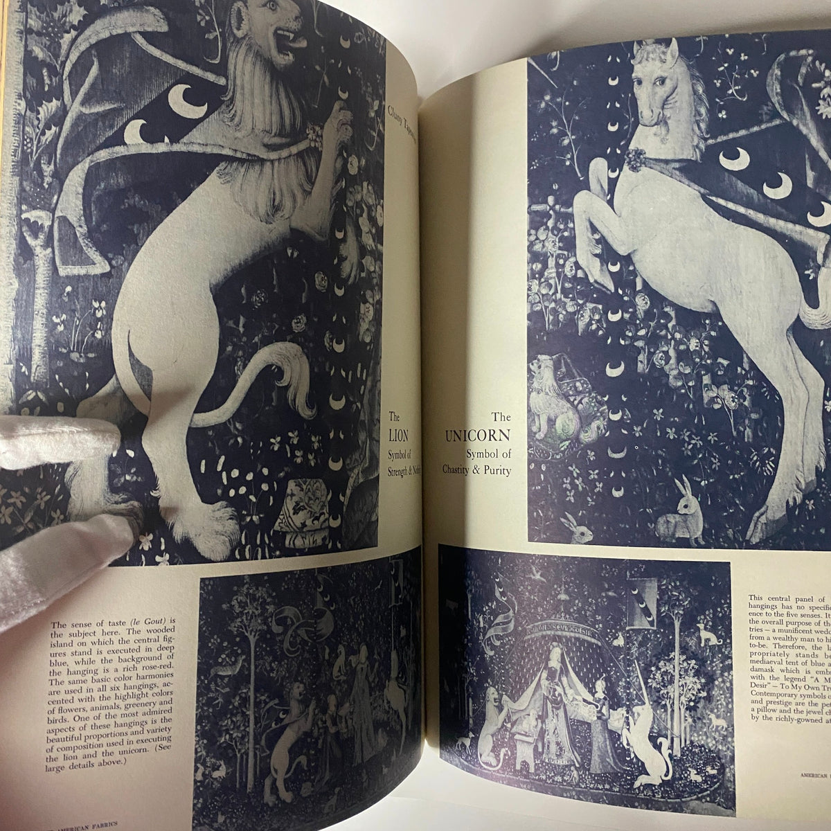 Artistic representations of a lion and a unicorn, symbolizing strength and purity, included in the 1960 American Fabrics No. 50 Summer Catalog, emphasizing artistry in textile design.