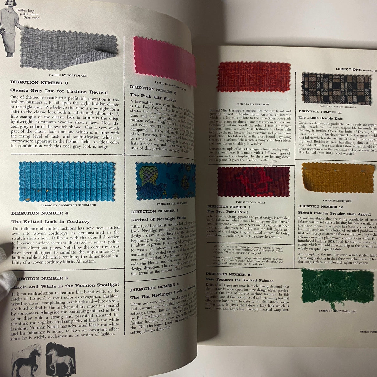 Interior page from the 1961 American Fabrics No. 53 Summer Catalog displaying fabric swatches and descriptions of textile directions.