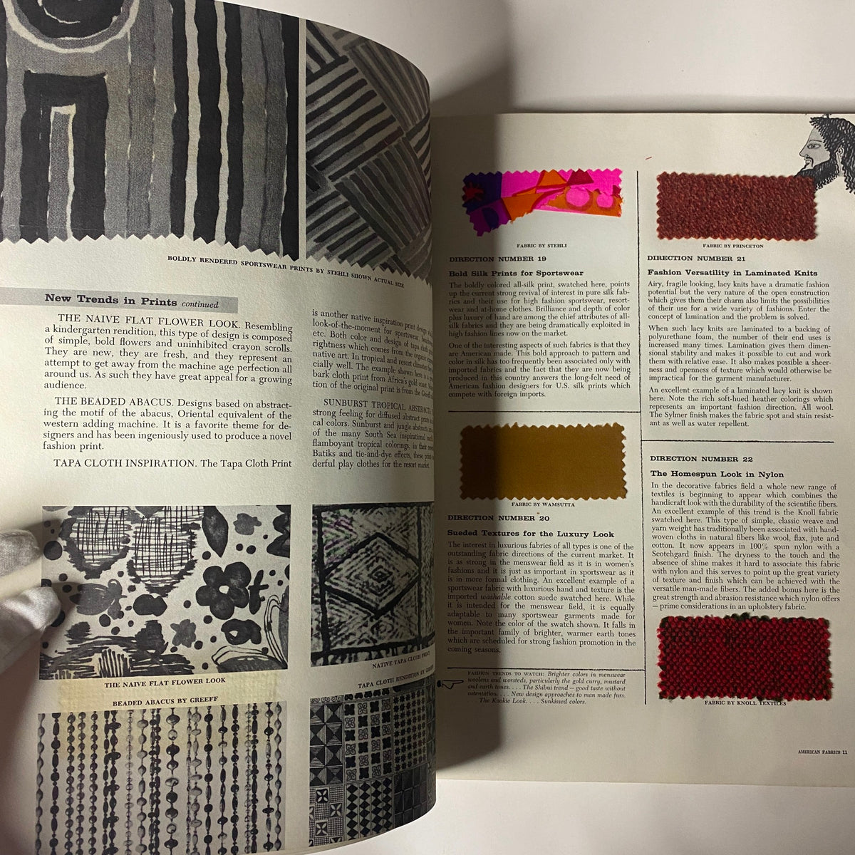 Page from the 1961 American Fabrics No. 53 Summer Catalog highlighting new trends in textile prints, featuring colorful fabric samples including the 'Native Flat Flower Look' and 'Beaded Abacus' designs.