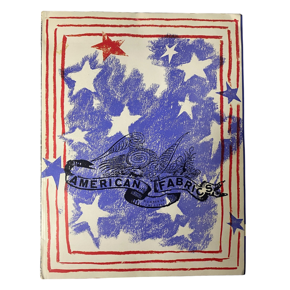 Cover of the 1961 American Fabrics No. 54 Fall Catalog featuring colorful stars and stripes design emblematic of Americana.