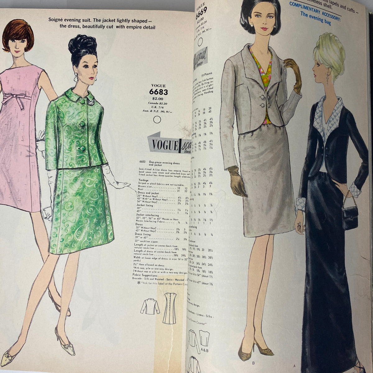 1966 Vogue Patterns April Catalog featuring elegant evening suits and sophisticated dress patterns with detailed garment suggestions for fashion enthusiasts.