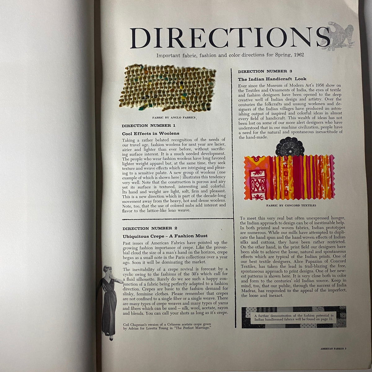 Interior spread from the 1961 American Fabrics No. 54 Fall Catalog highlighting important fabric and color directions for Spring 1962.