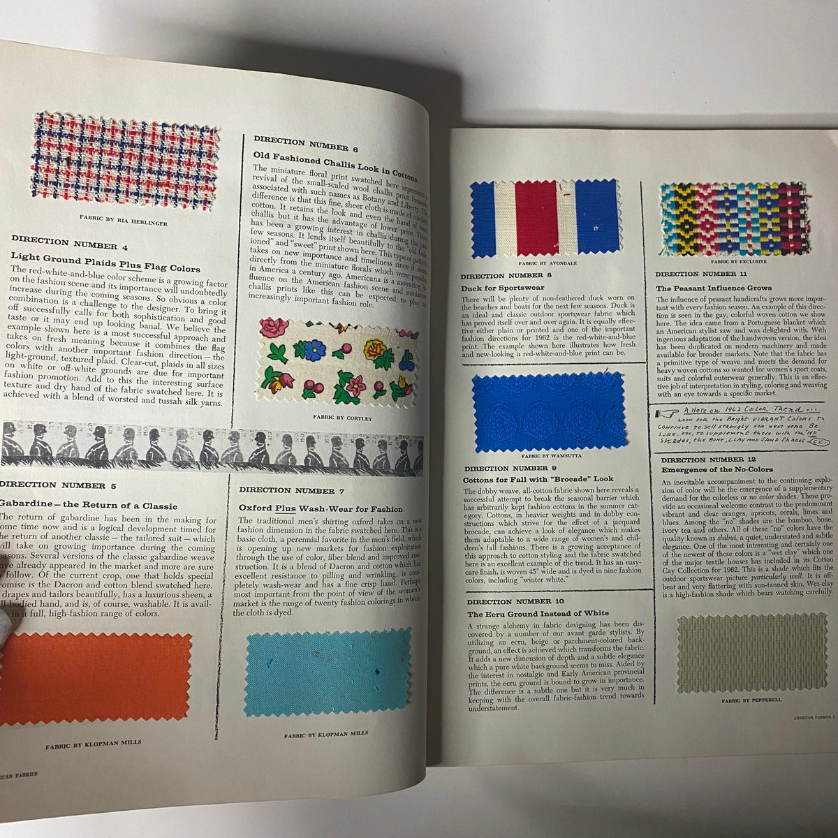 Another interior spread from the 1961 American Fabrics No. 54 Fall Catalog demonstrating various fabric swatches and fashion directions.