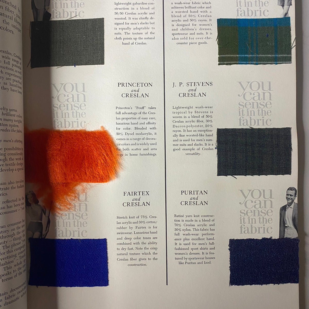 1961 American Fabrics No. 54 Fall Catalog featuring Creslan textile samples with color options and details about fabric properties for Princeton, J.P. Stevens, Fairtex, and Puritan.