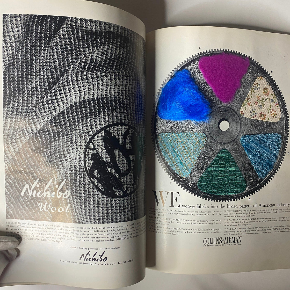 1961 American Fabrics No. 54 Fall Catalog displaying Nichibo wool fabric advertisement with textile samples illustrated in a color wheel format.