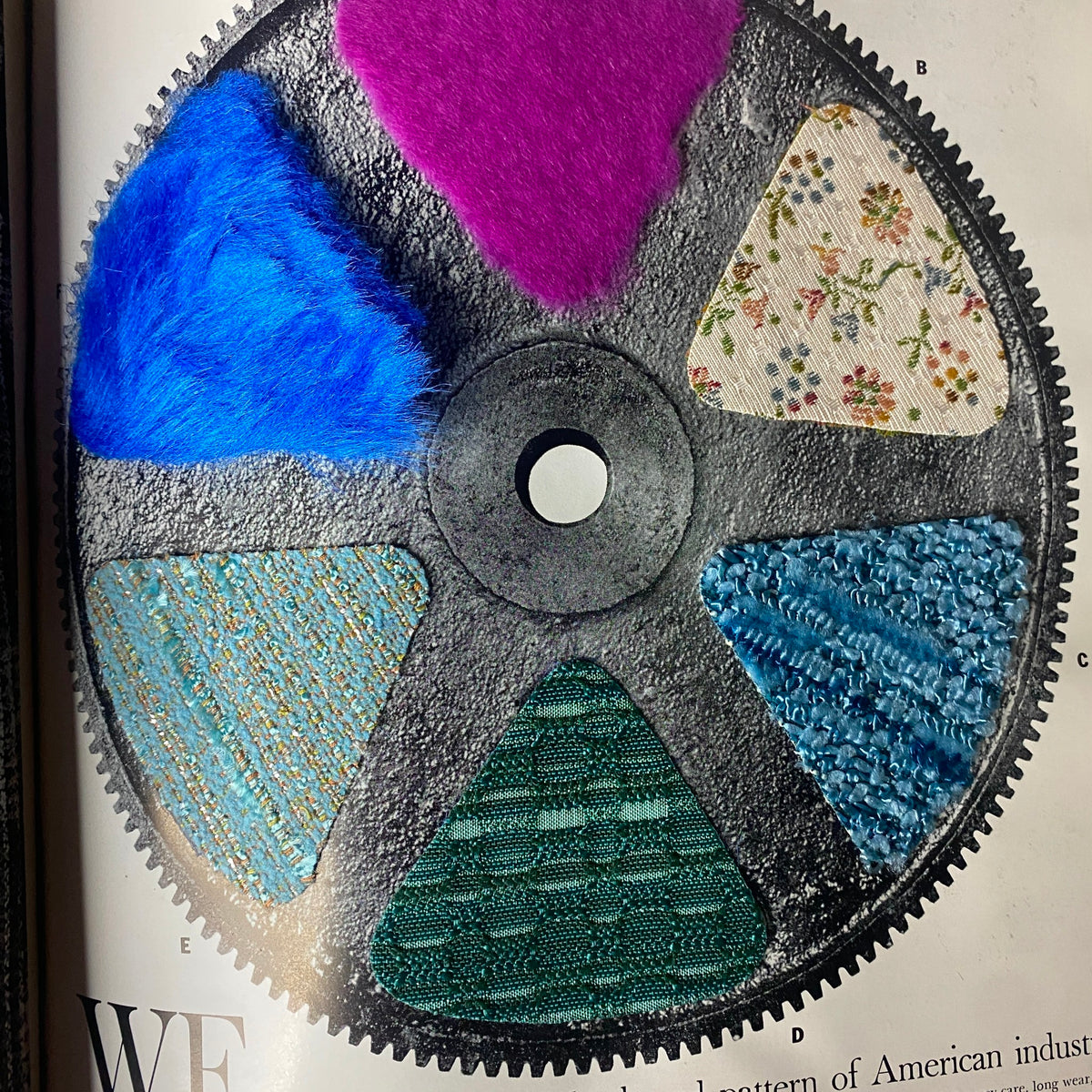 1961 American Fabrics No. 54 Fall Catalog highlighting a color wheel with fabric samples, including blue and purple hues, showcasing Nichibo's textile innovations.