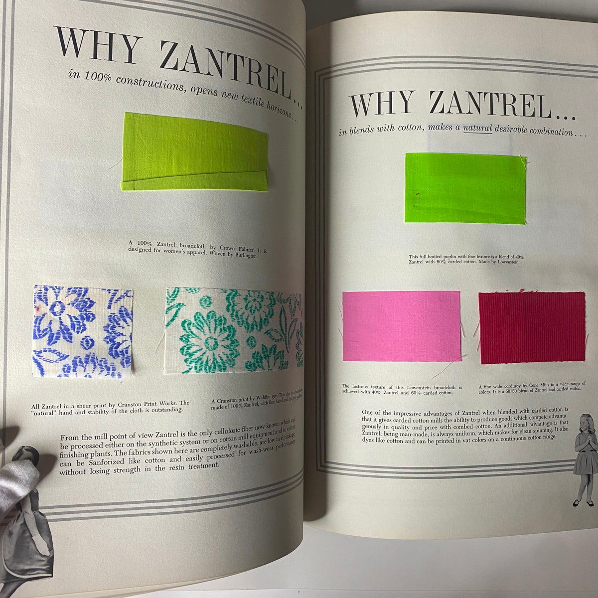 1961 American Fabrics No. 54 Fall Catalog explaining Zantrel fabric in various constructions, featuring floral prints and solid colors, ideal for women's apparel.