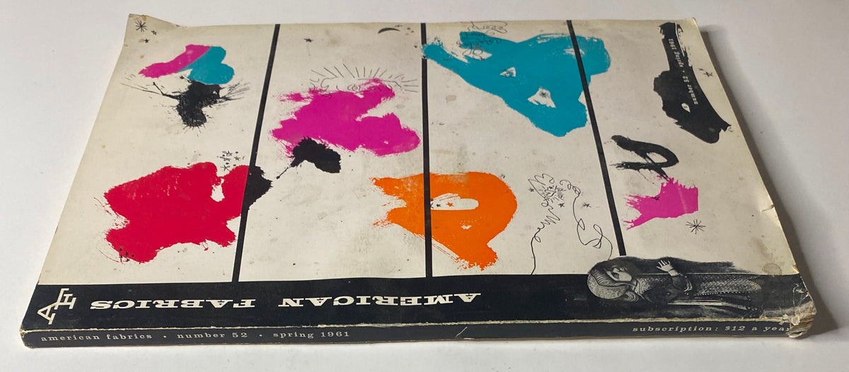 Cover of the 1961 American Fabrics No. 52 Spring Catalog featuring a bold, abstract design with vibrant colors.