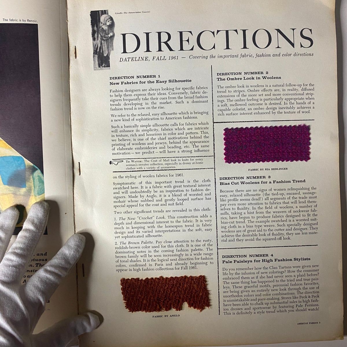 Inside page of the 1961 American Fabrics No. 52 Spring Catalog showcasing fabric samples and notes on the latest fashion trends.