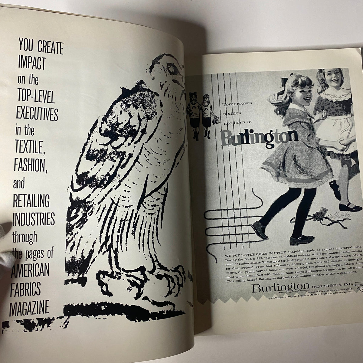 Interior page from the 1961 American Fabrics No. 52 Spring Catalog featuring a striking illustration of an owl alongside text about its impact on the textile and fashion industries.