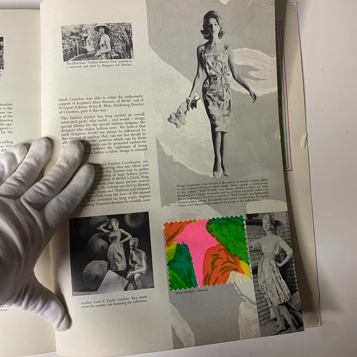 Interior page from the 1961 American Fabrics No. 52 Spring Catalog highlighting fashion fabrics and designs, featuring a model in a floral dress and colorful fabric samples.