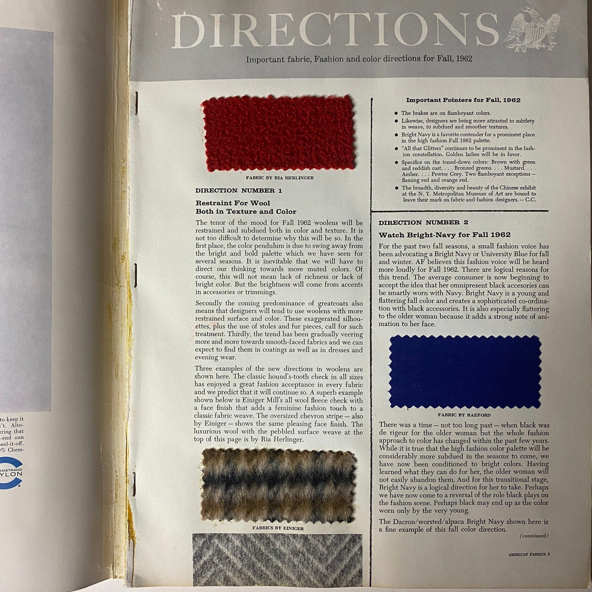 Interior page of the 1961-1962 American Fabrics No. 55 Winter Catalog highlighting fabric swatches and fashion directions for Fall 1962, featuring trends in wool textures and colors.